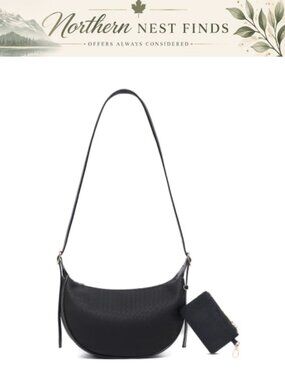 Woven Vegan Leather Crescent Shoulder Bag with Detachable Mini Bag